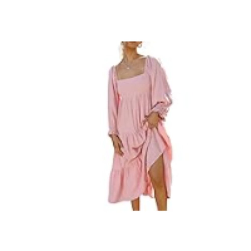 Cotton Lantern Long Sleeve Square Neck Casual Backless Boho Midi Dress